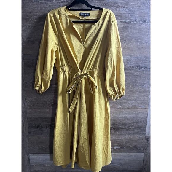 Eloquii Dress Sz 20 Plus Mustard Adjustable Maxi Tie Waist Stretch V Neck - Picture 1 of 8